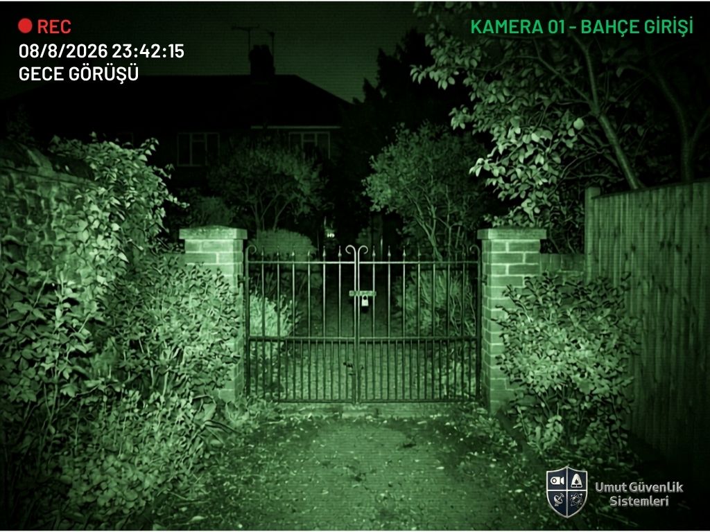 Gece görüşlü bir güvenlik kamerasının bahçe girişini izlerken çektiği görüntü
