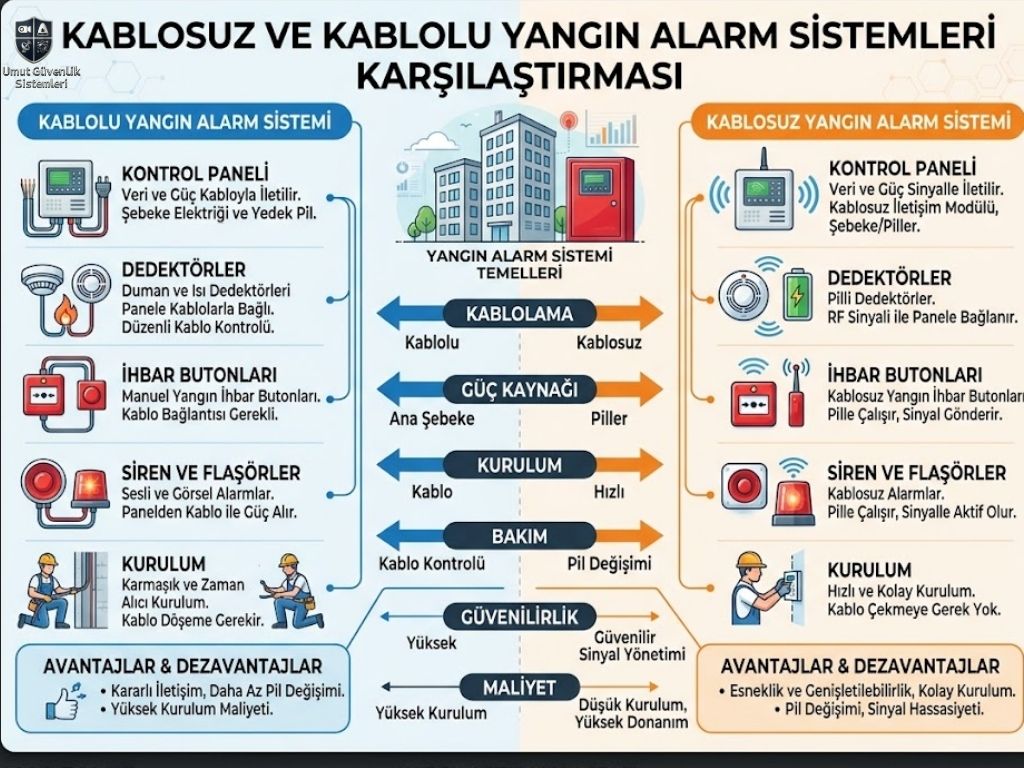 Kablosuz ve kablolu yangın alarm sistemi bileşenlerinin karşılaştırmalı şeması