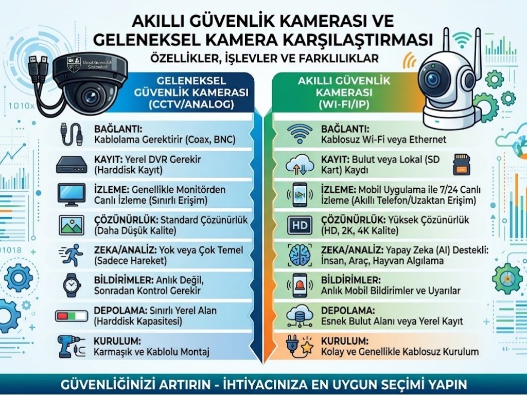 akıllı güvenlik kamerası ile geleneksel kamera arasındaki farklar
